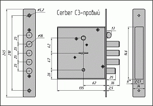 CERBER Замок врезной C3 014 (правый) (З ригеля, защелка, задвижка, без ответной планки) #234619